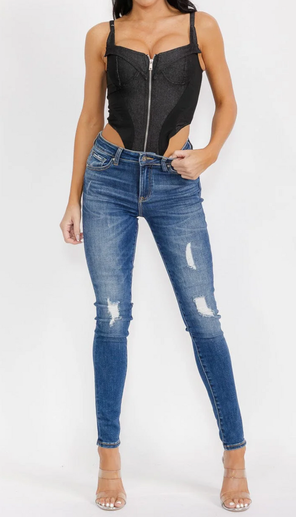 Zip Up Color Block Denim Bodysuit 2371