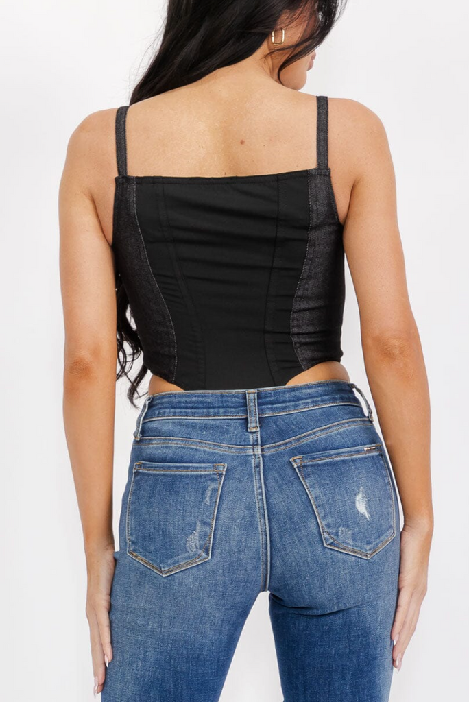 Zip Up Color Block Denim Bodysuit 2371