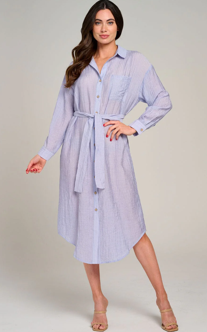 self tie midi dress Button Up Self Tie Midi Dress 9287 Blue / Medium