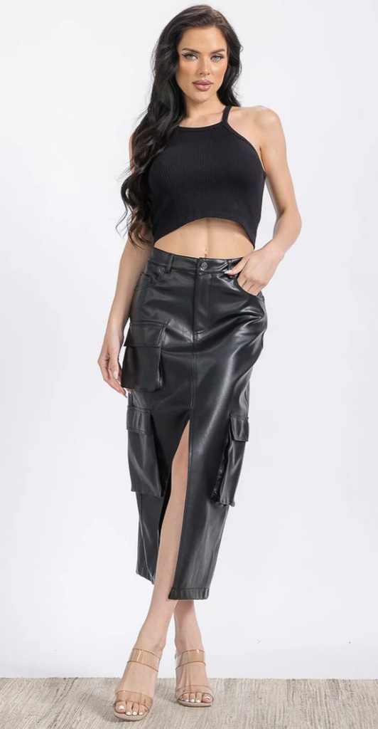 PU Leather Cargo Midi Skirt 7663