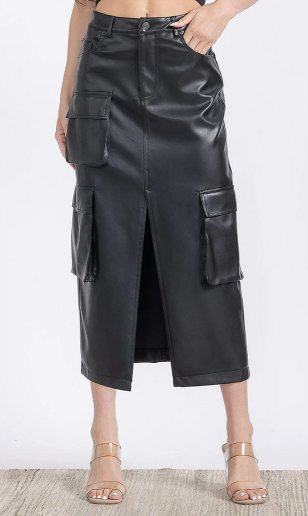 PU Leather Cargo Midi Skirt 7663