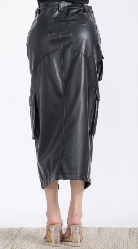 PU Leather Cargo Midi Skirt 7663