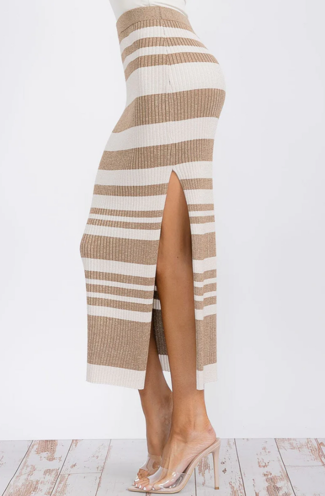Stripe Shimmer Color Block Knit Maxi Skirt 3488