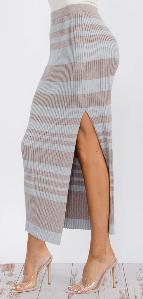 Stripe Shimmer Color Block Knit Maxi Skirt 3488