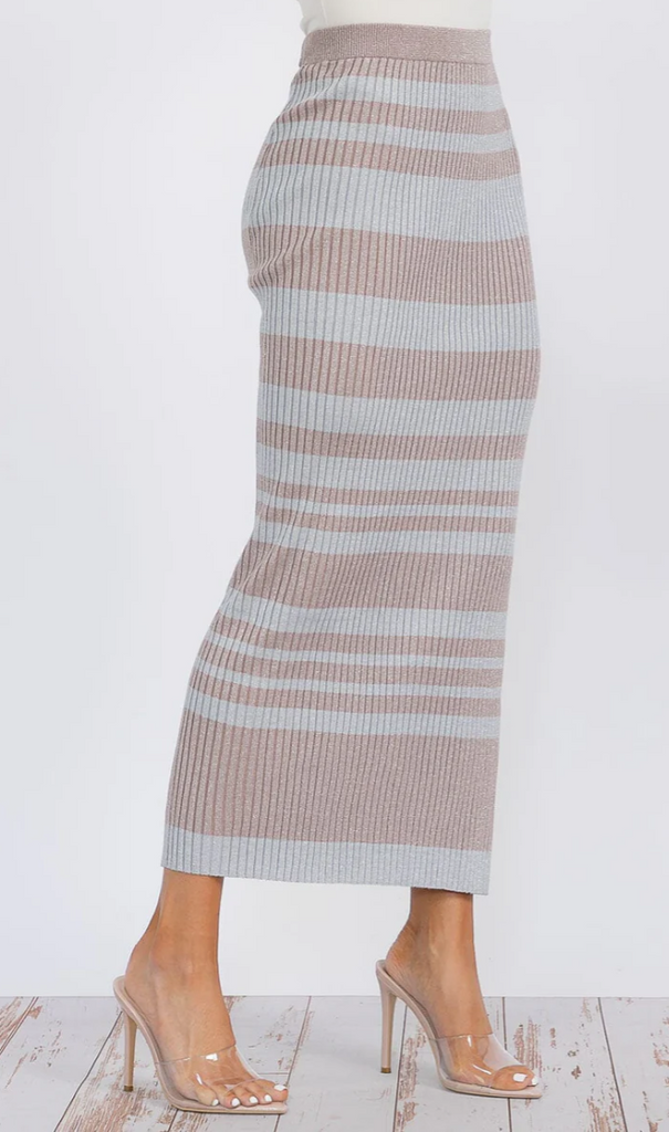 Stripe Shimmer Color Block Knit Maxi Skirt 3488