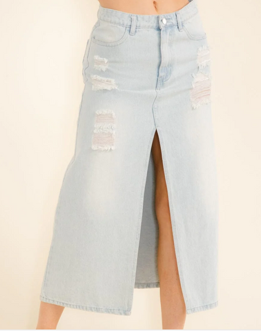 Front Slit Denim Maxi Skirt 2528