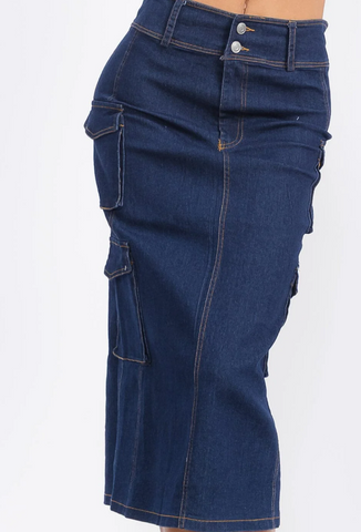 Denim Cargo Midi Skirt 3959