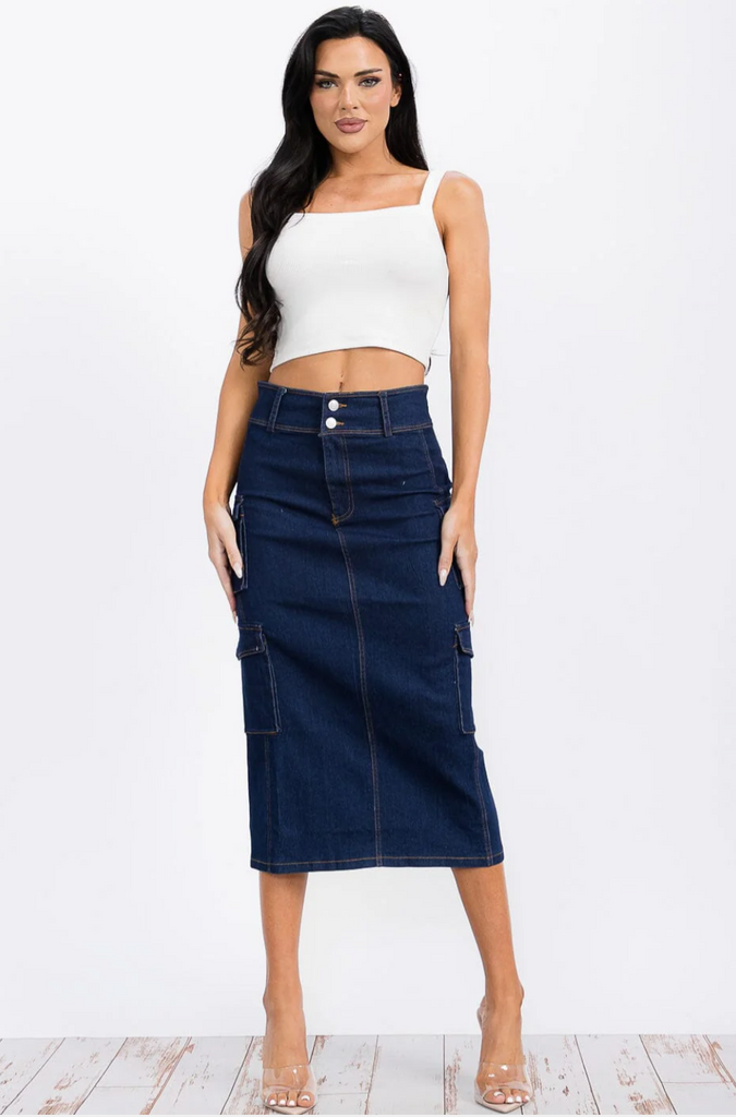 Denim Cargo Midi Skirt 3959