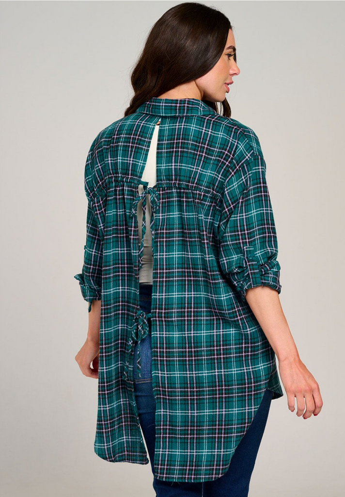 Open Back Button Up Plaid Shirt 1588