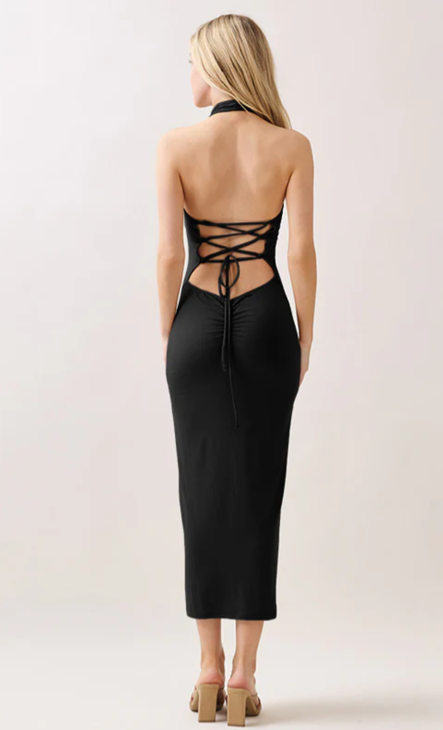 Halter Top Open Back Midi Dress 56607 Black / Small Halter Top Open Back Midi Dress 56607 Black / Small