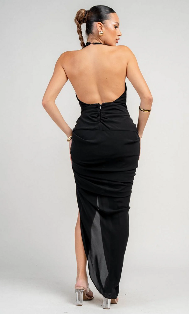 Deep Cowl Halter Top Draped Maxi Dress 30539