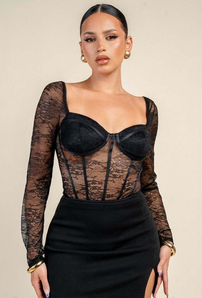 Lace Bustier Long Sleeve Bodysuit 4051