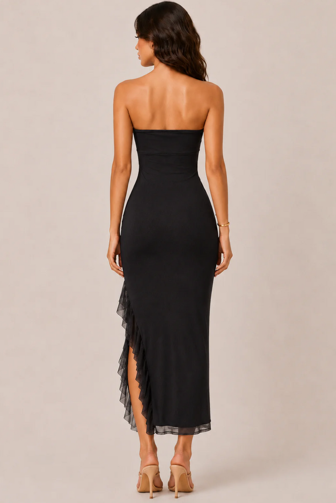 Ruching Tube Top Dress w/ Ruffled Side Slit 57269