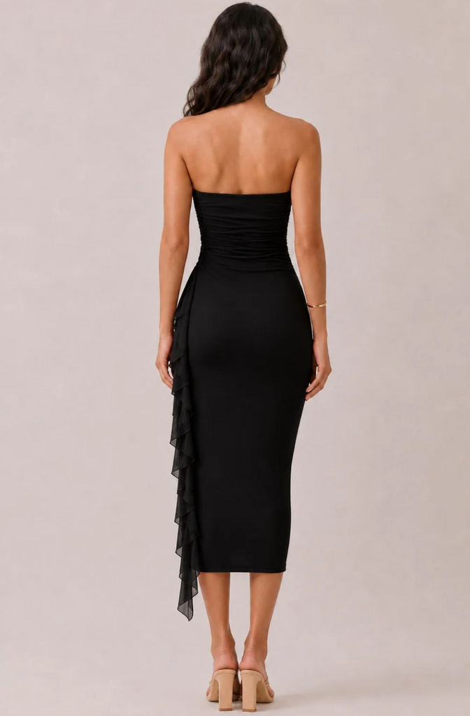 Tube Top Bodycon Midi Dress w/ Ruffle Side 57675