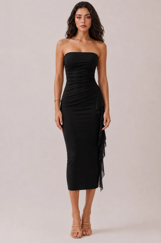 Tube Top Bodycon Midi Dress w/ Ruffle Side 57675