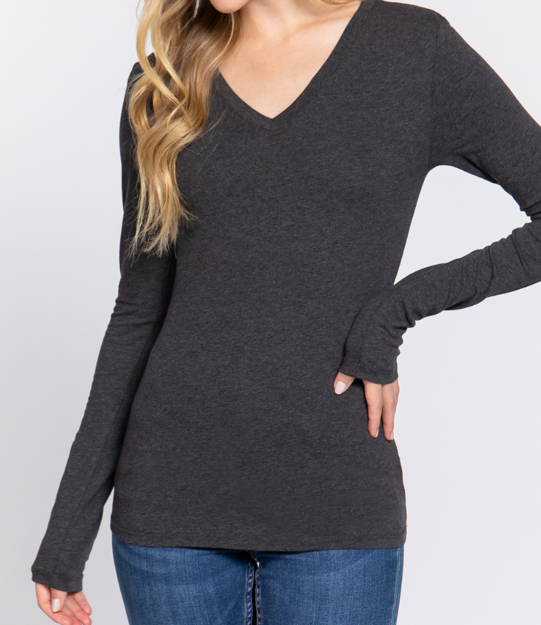 Women's Solid V-Neck Long Sleeve