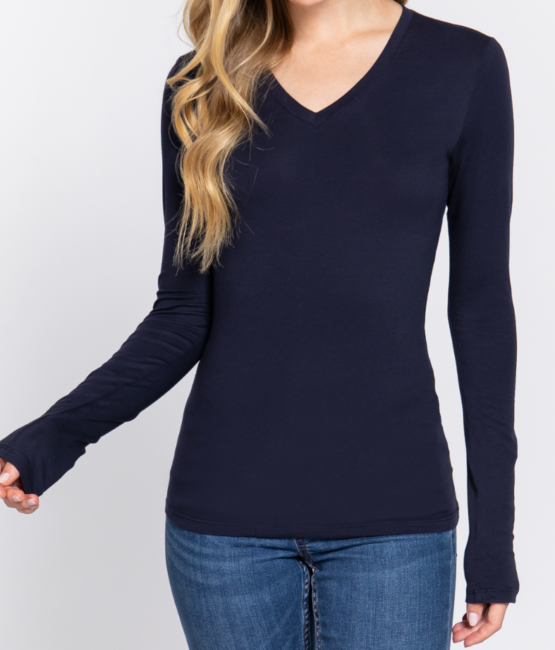 Women's Solid V-Neck Long Sleeve
