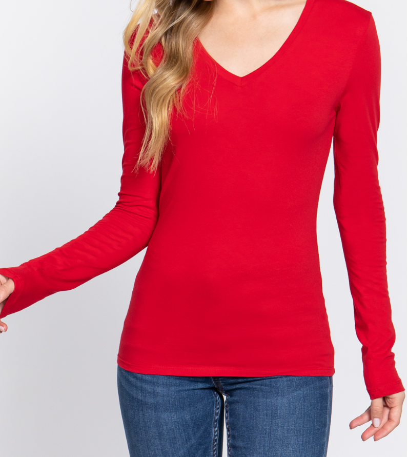 Women's Solid V-Neck Long Sleeve