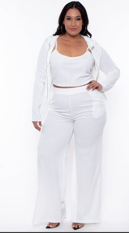 Ribbed Solid Jacket, Top & Pant Set Plus Size 1473P