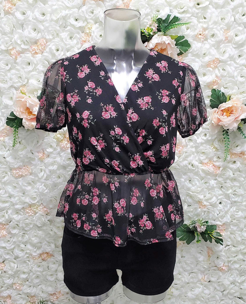 V Neck Floral Mesh Babydoll Top (FINAL SALE)