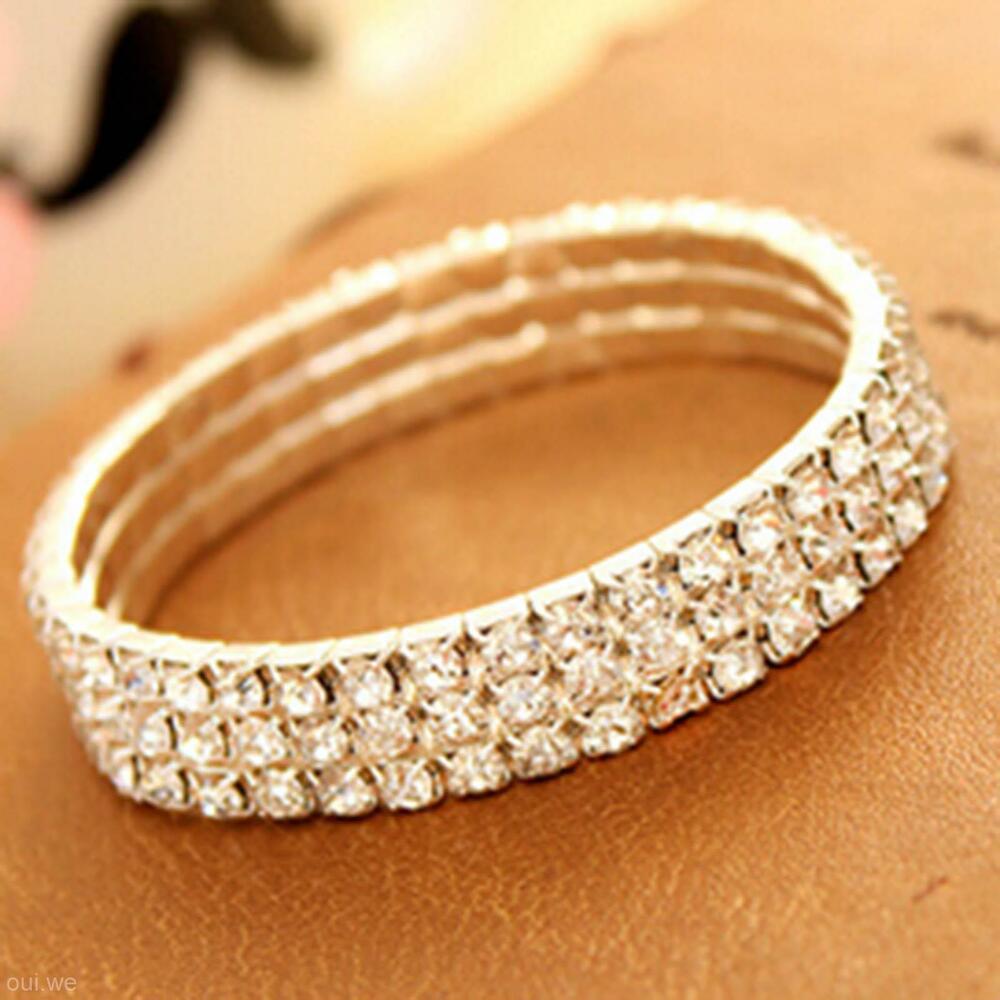 Elastic 3 Row Rhinestone Bracelet Gold