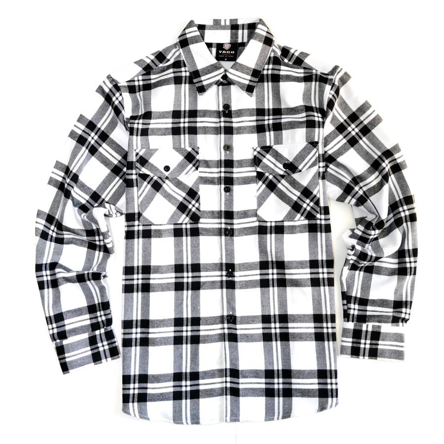 Yago Flannel Long Sleeve Shirt White/Black D8 - Craze Fashion