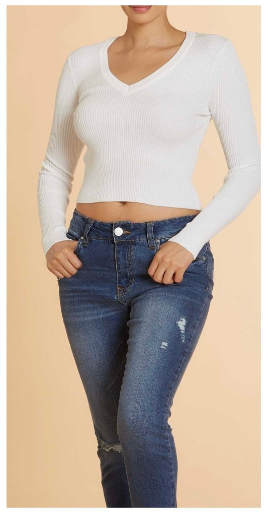 Soft Sweater Ribbed L/S V- Neck Crop Top 78030