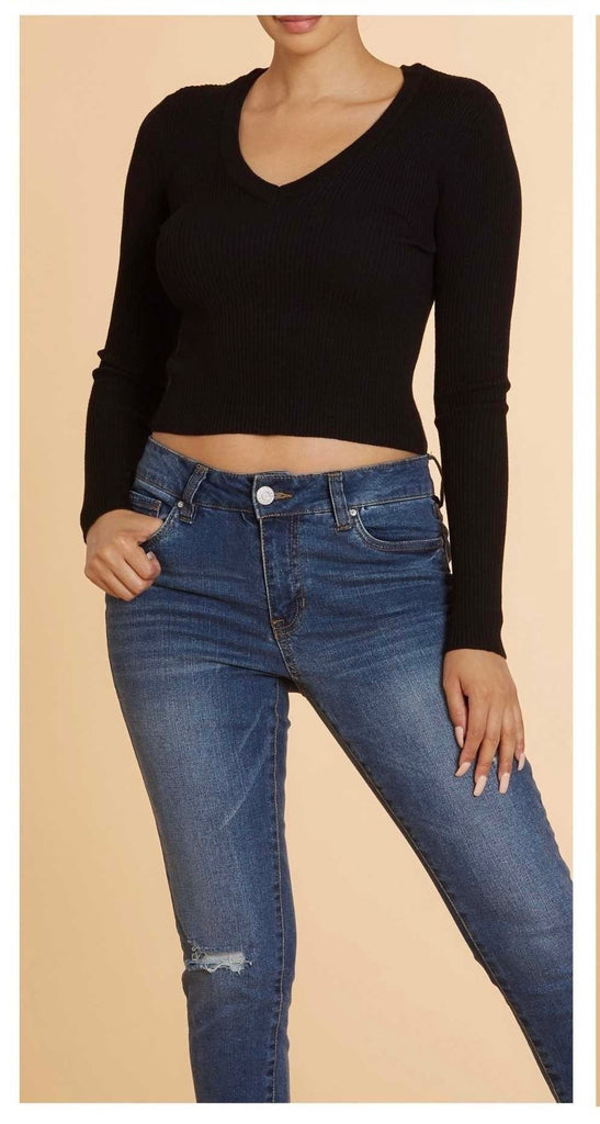 Soft Sweater Ribbed L/S V- Neck Crop Top 78030