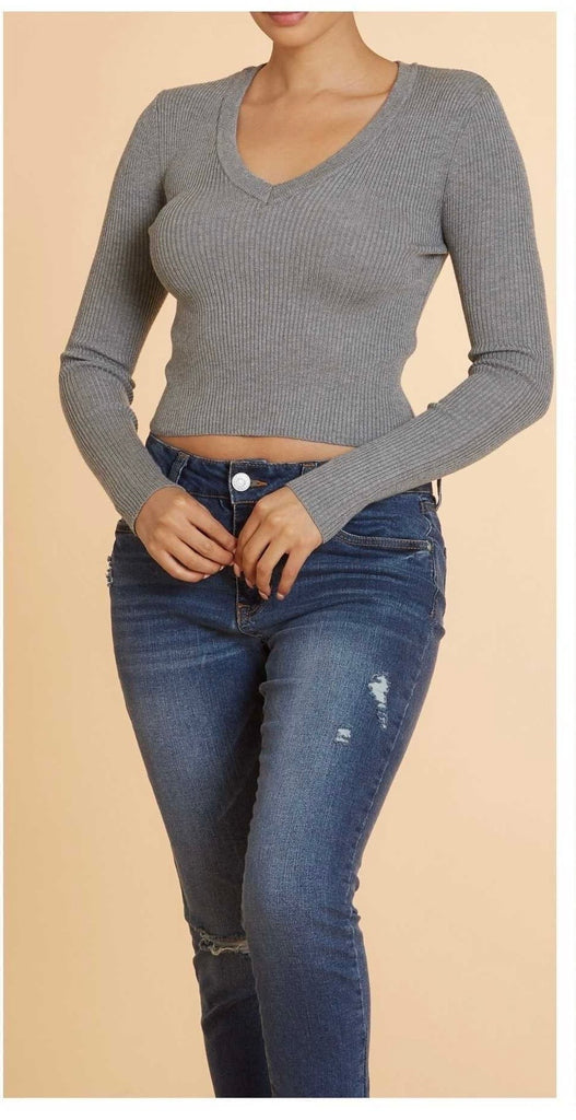 Soft Sweater Ribbed L/S V- Neck Crop Top 78030