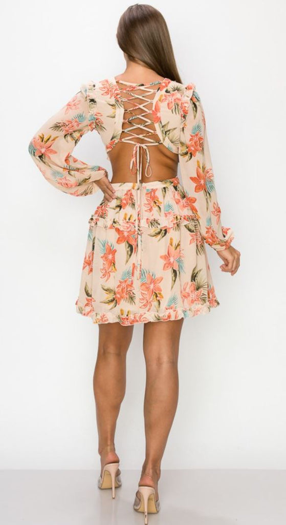 Long Sleeve Floral Back Detail Dress 2191 (FINAL SALE)